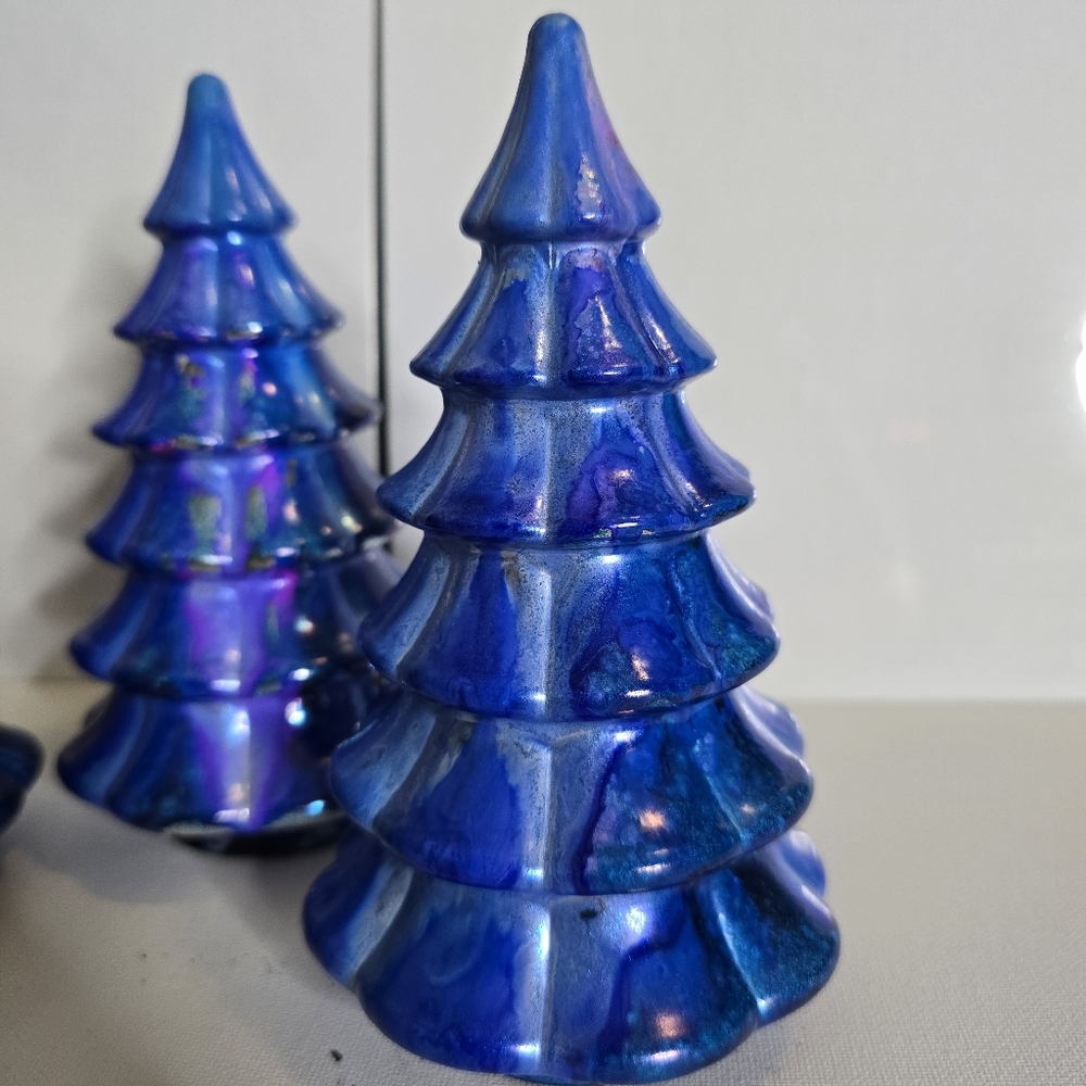 3 HANDCRAFTED Upcycled Blue Holiday Trees HANDPAINTED Tabletop Art Decor Artwork - Picture 9 of 12